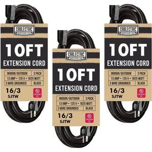 Weatherproof Black Extension Cord 10 Ft, 3 Pack,  Outdoor & Indoor 3 Prong